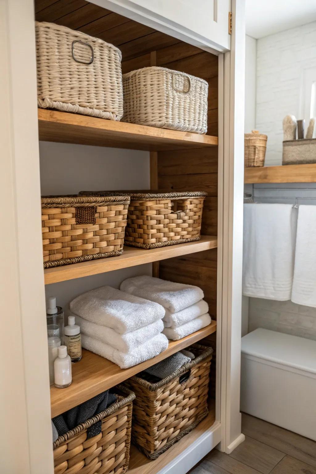 Woven baskets bring design and organization together for your necessities.