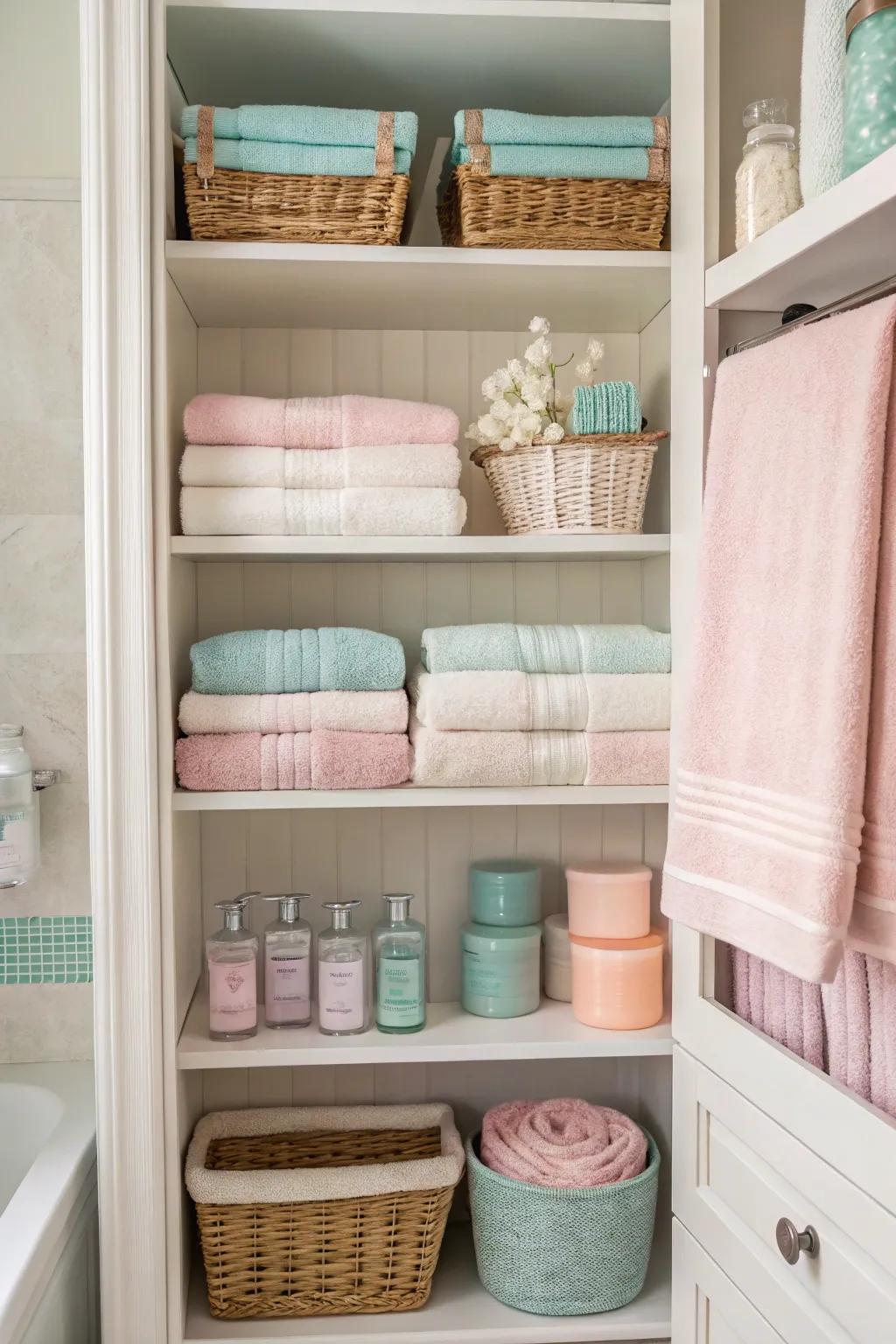 Color-matched towels and accessories contribute to a harmonious visual.