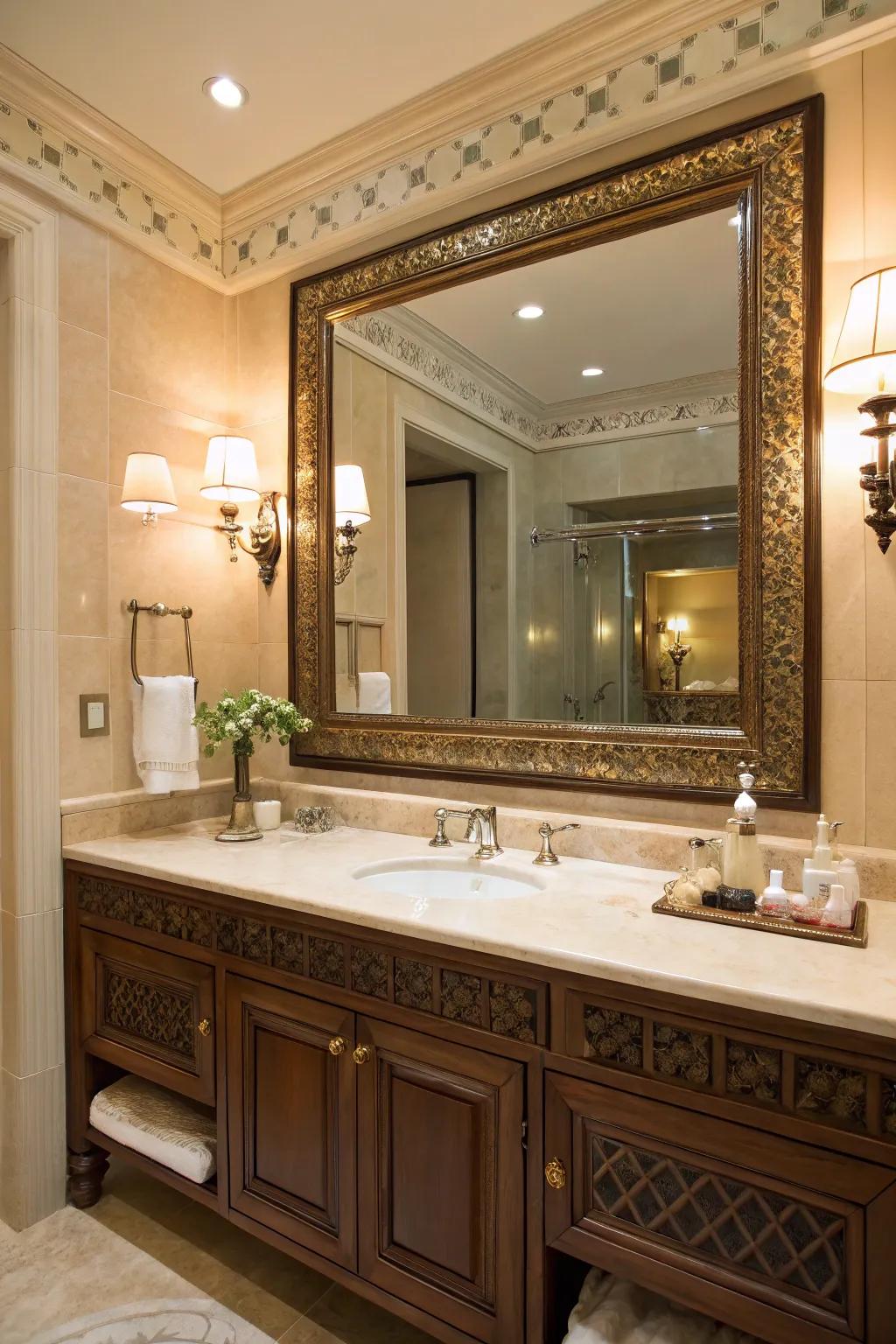 A striking looking-glass introduces depth and grace to any bathroom.