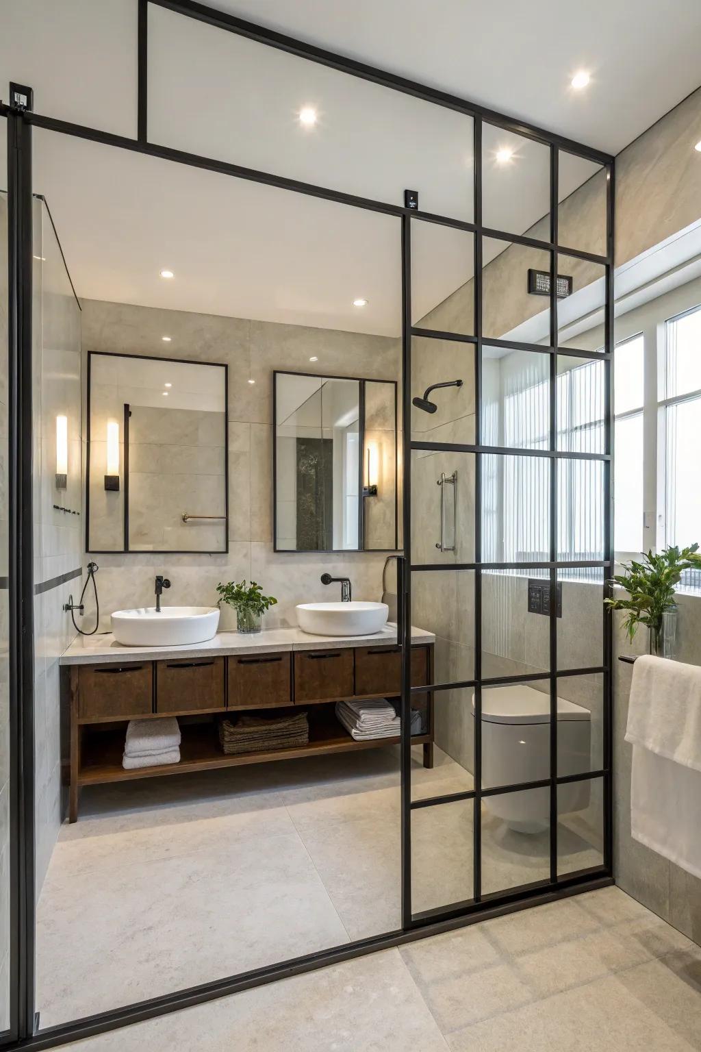 Industrial metal frames lend a contemporary touch to bathroom areas.