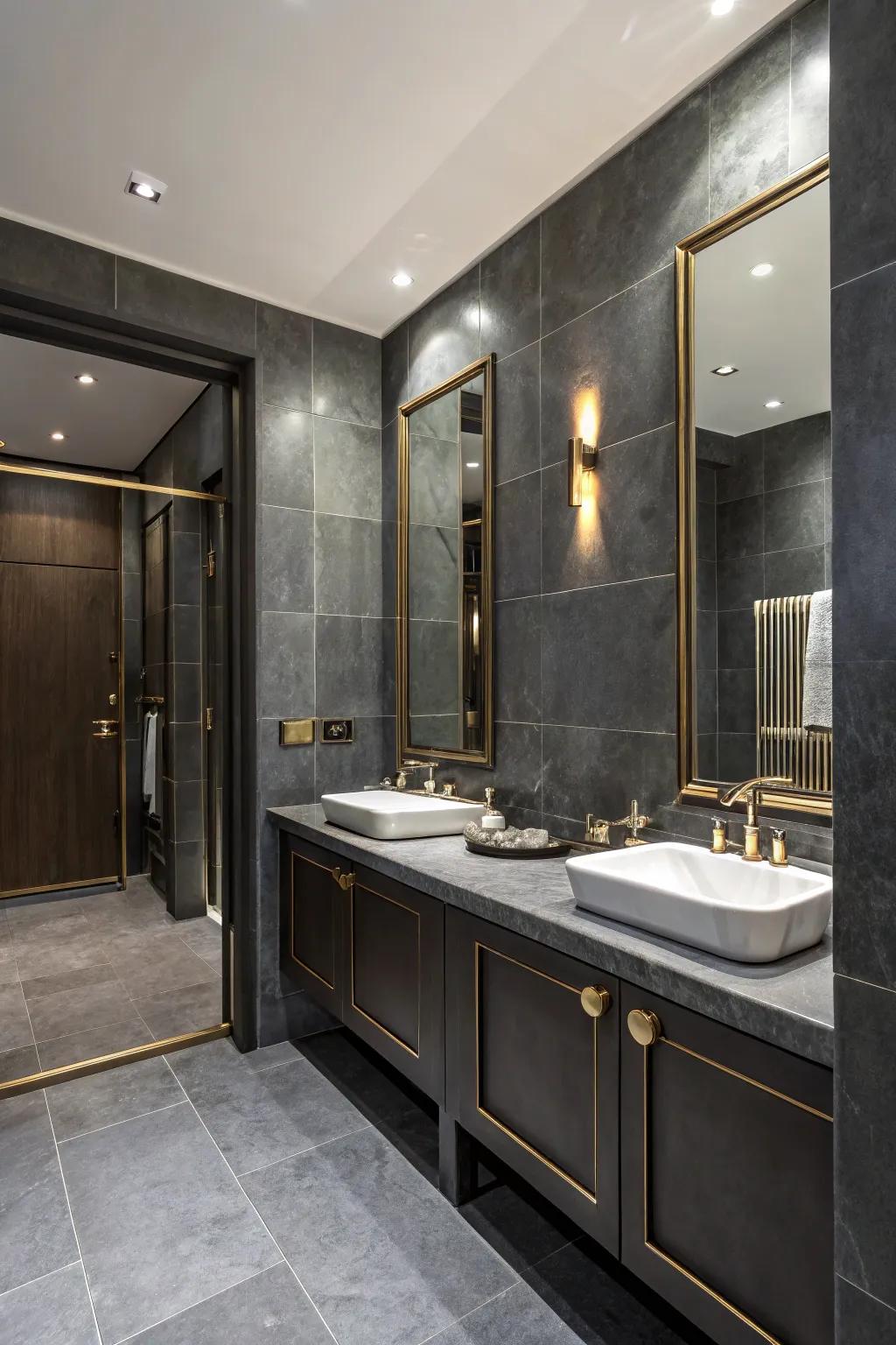 Slate gray imparts a sophisticated touch to the bathroom's design.
