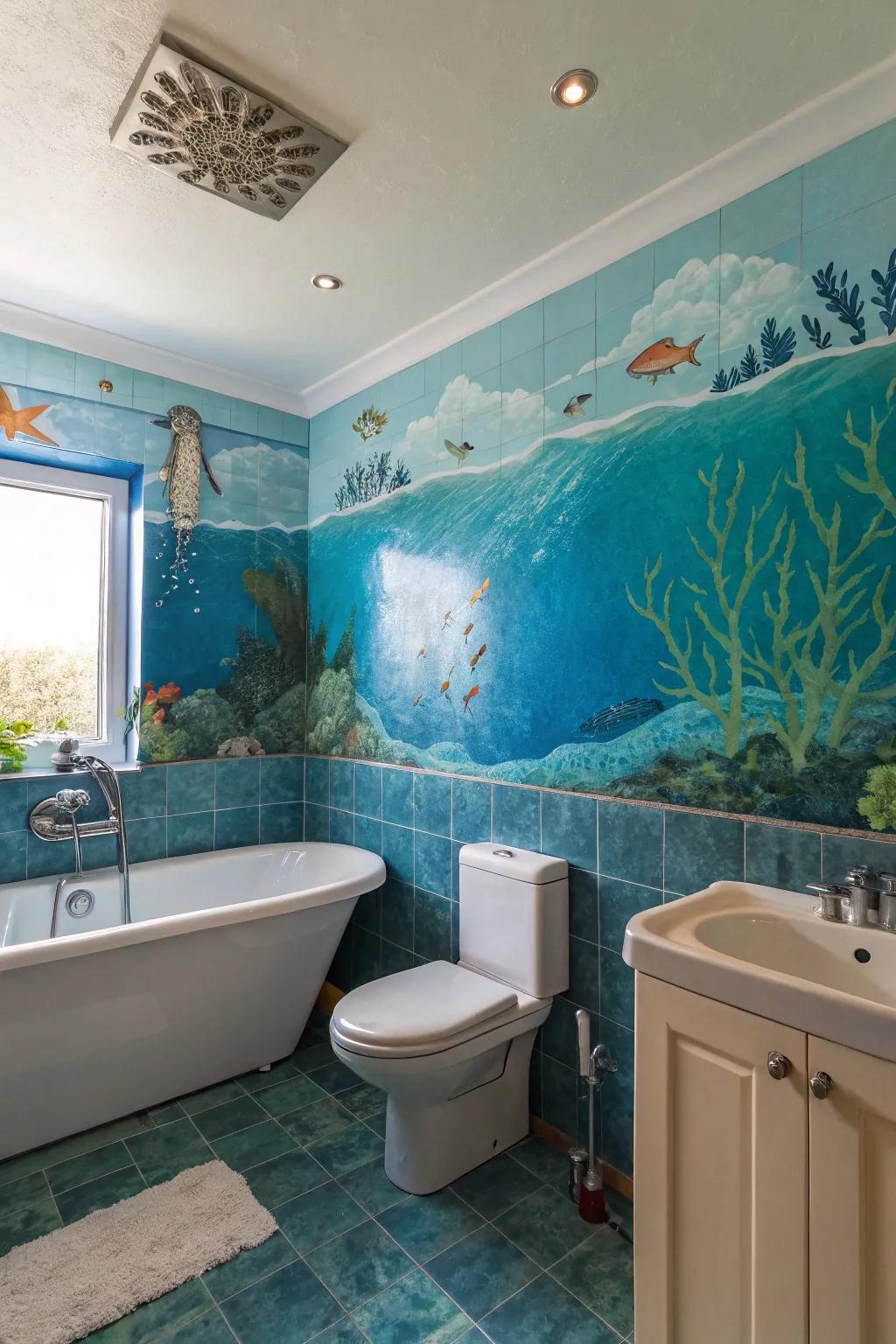 An aquatic-themed bathroom featuring ocean-inspired art.