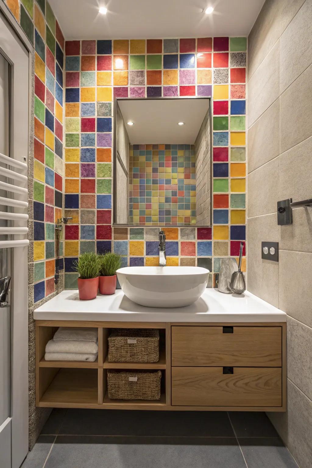 A burst of color with tiny tile arrangements for a dynamic bathroom.