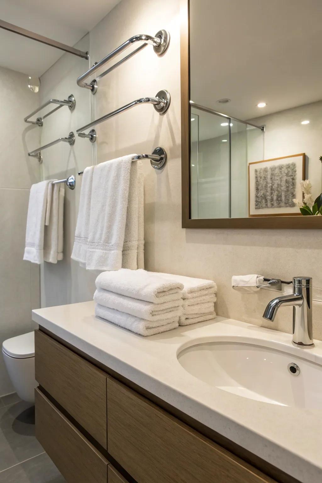 Minimalist pegs ensure your bathroom remains uncluttered and refined.