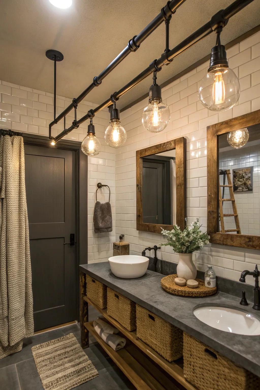 Factory-inspired metal track illumination incorporates edginess to your bathroom.