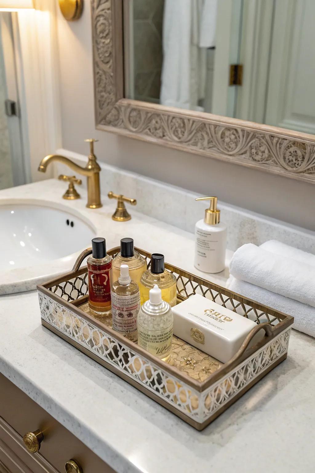 Sophisticated and organized counter featuring a decorative tray.