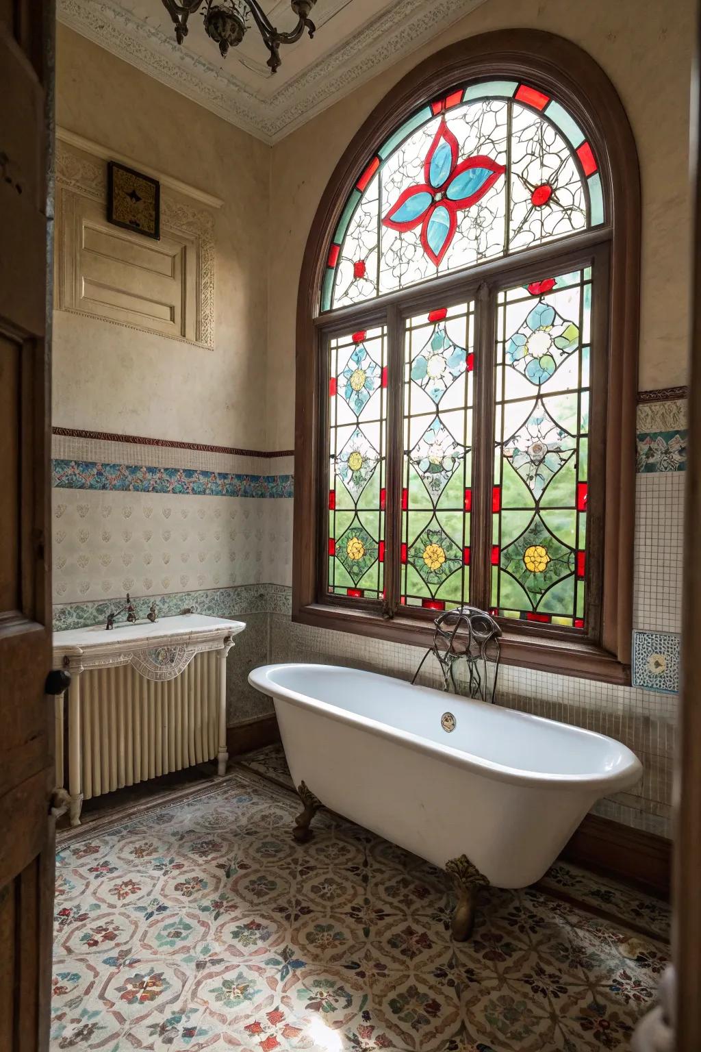 Leaded glass windows add vibrant colors to the bathroom.