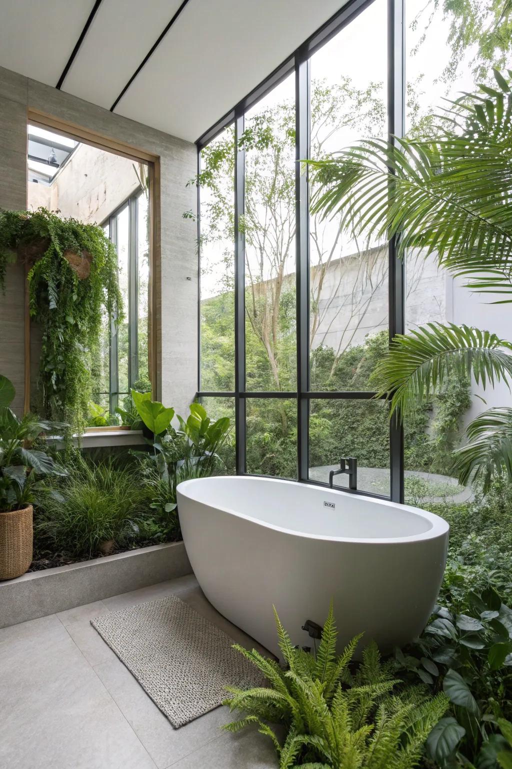 Greenery brings a revitalizing, natural feel to this bathroom with a bathtub.