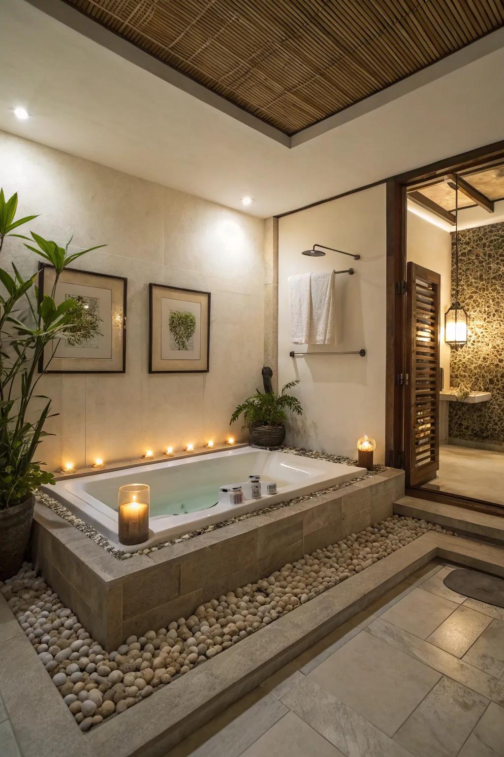 A recessed tub offers a fluid and minimalist bathing experience.