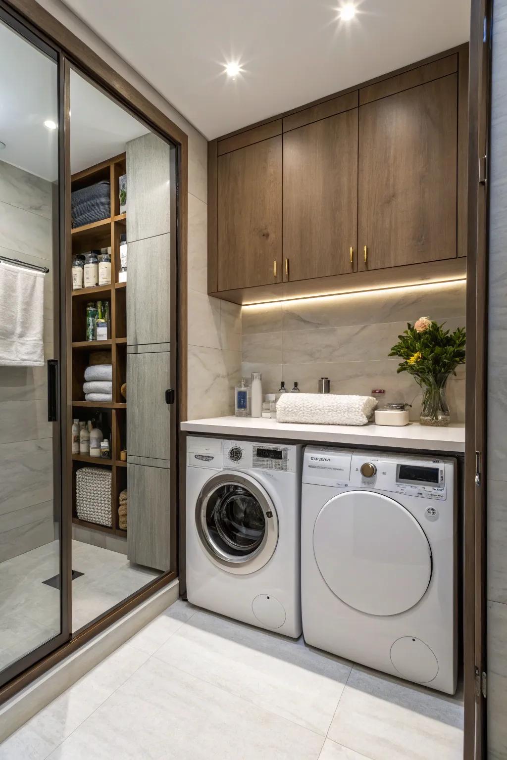 Washer and dryer hidden within cabinetry for a clutter-free ambiance.
