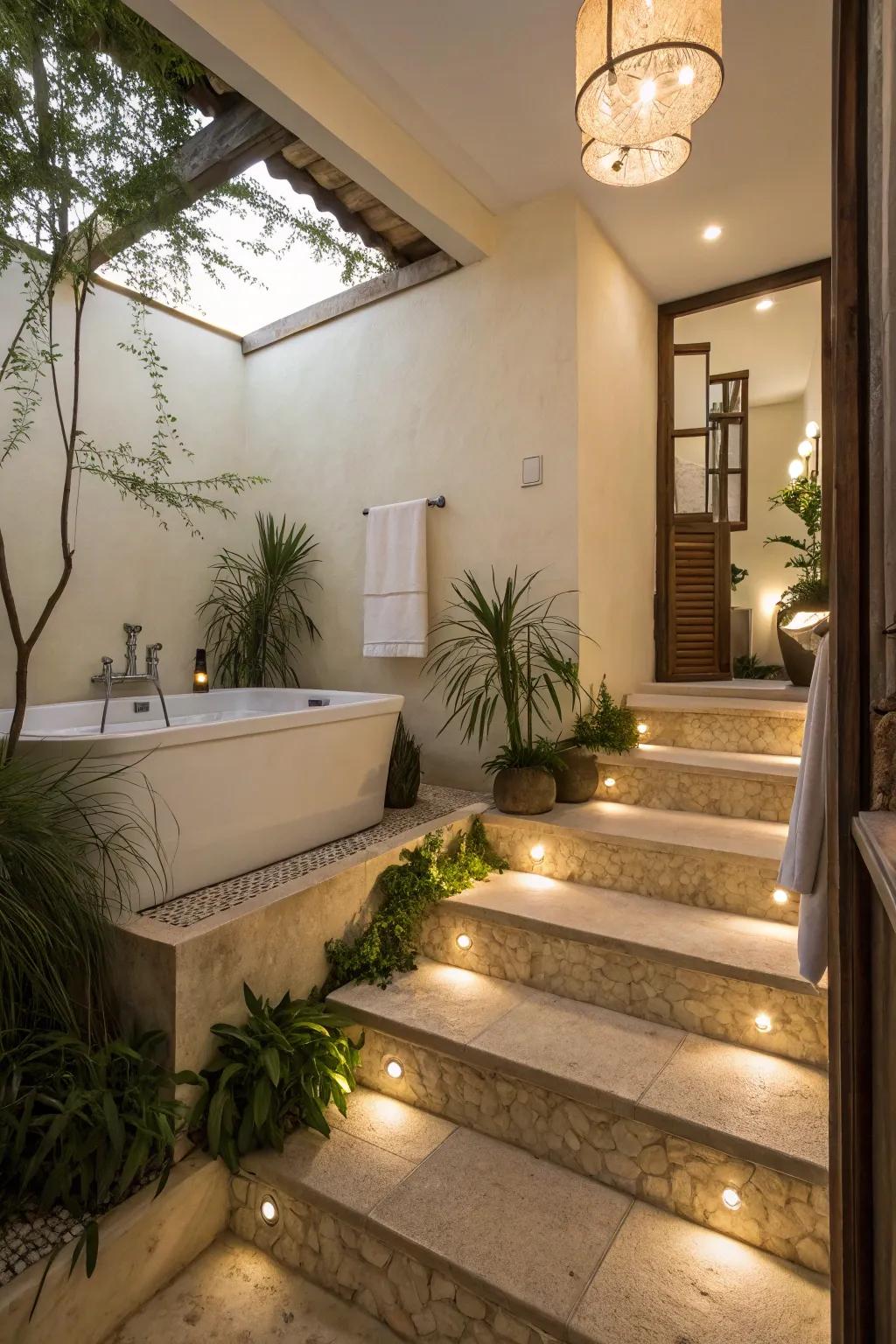 Elevate both accessibility and design with practical steps leading to your bathtub.