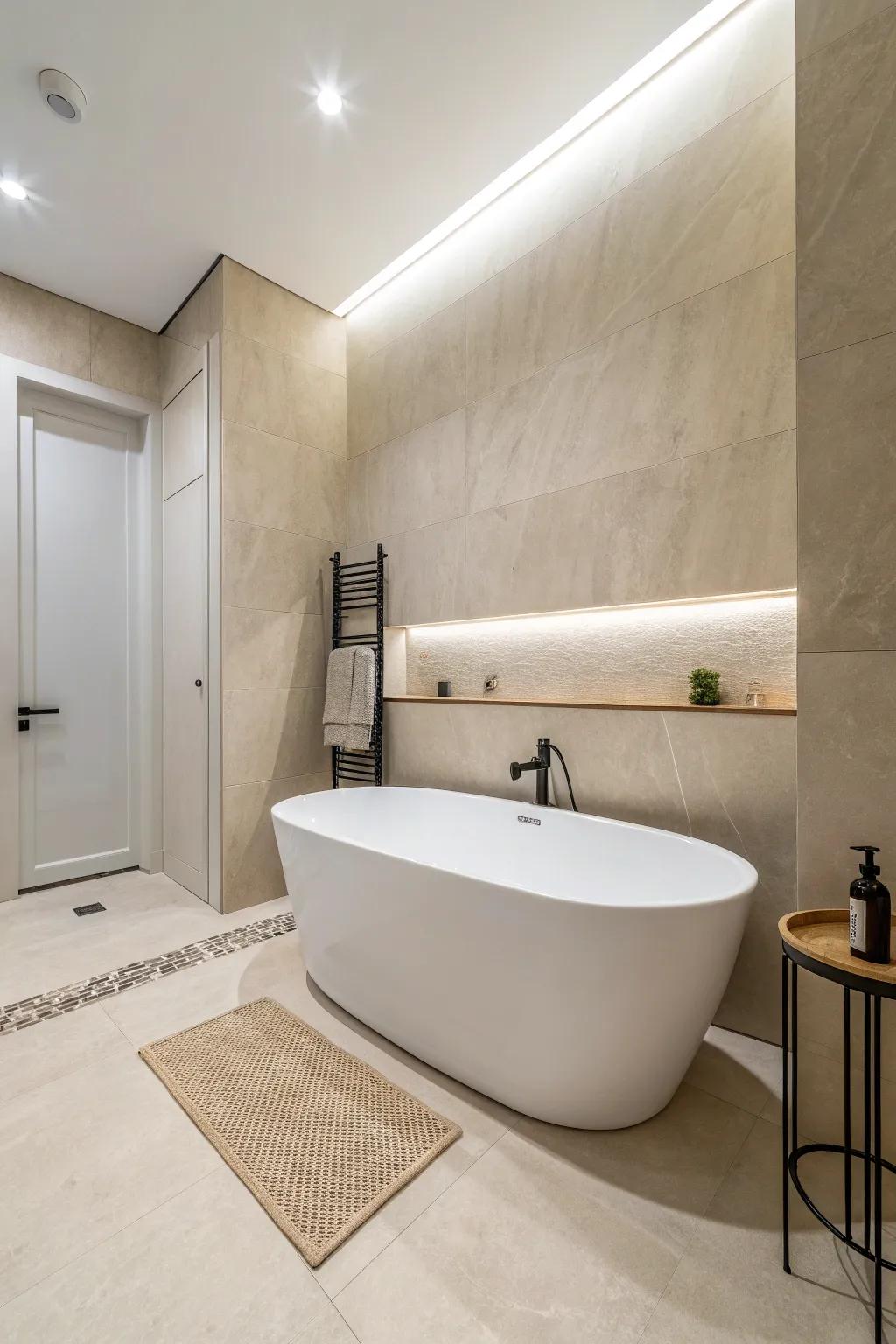 A streamlined white bathtub nestled in a minimalist environment cultivates a soothing ambiance.