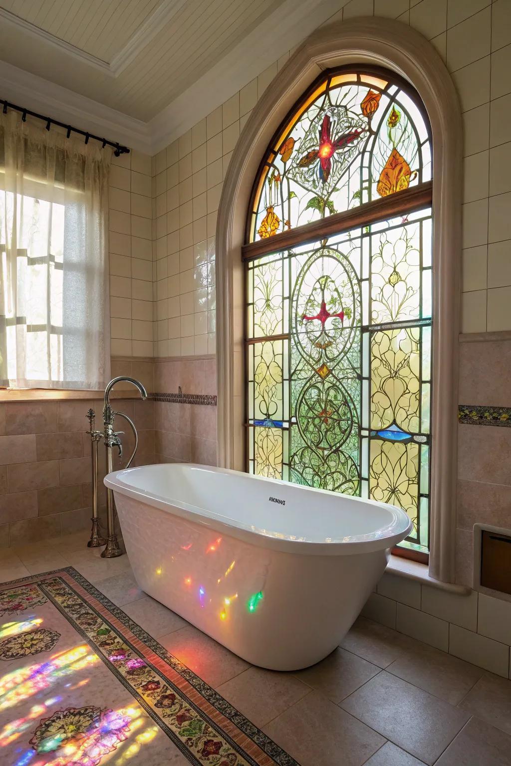 Stained glass provides refinement and color to a bathroom.