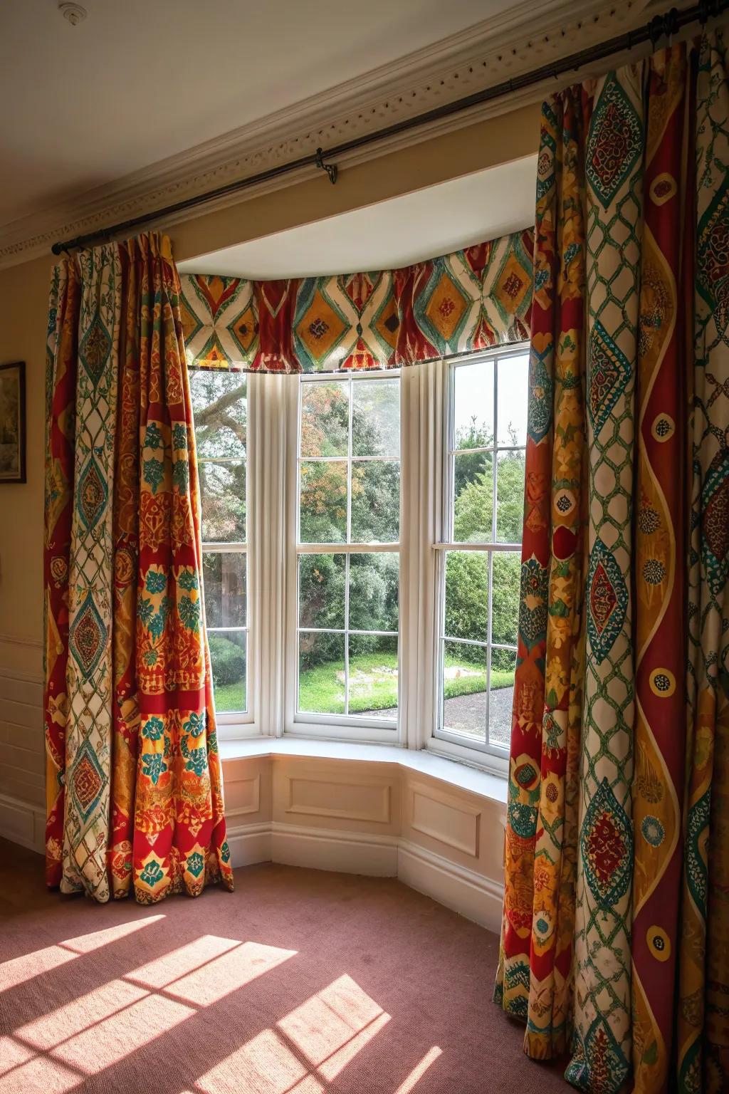 Bold patterned curtains transforming bay windows into artistic centers.