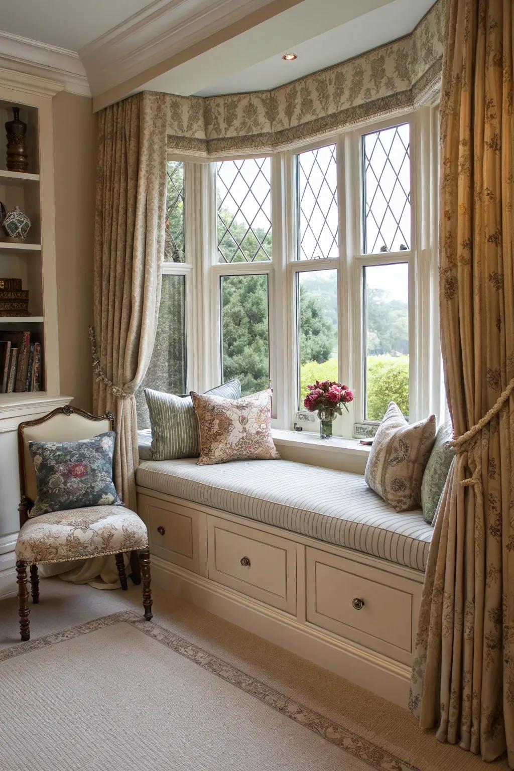 Integrated storage beneath the window seat maintains a clutter-free and fashionable area.