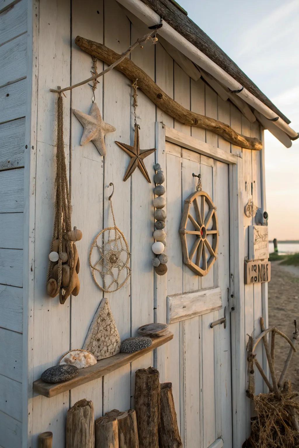 Weather-beaten wood decor provides natural appeal to a beach outbuilding.