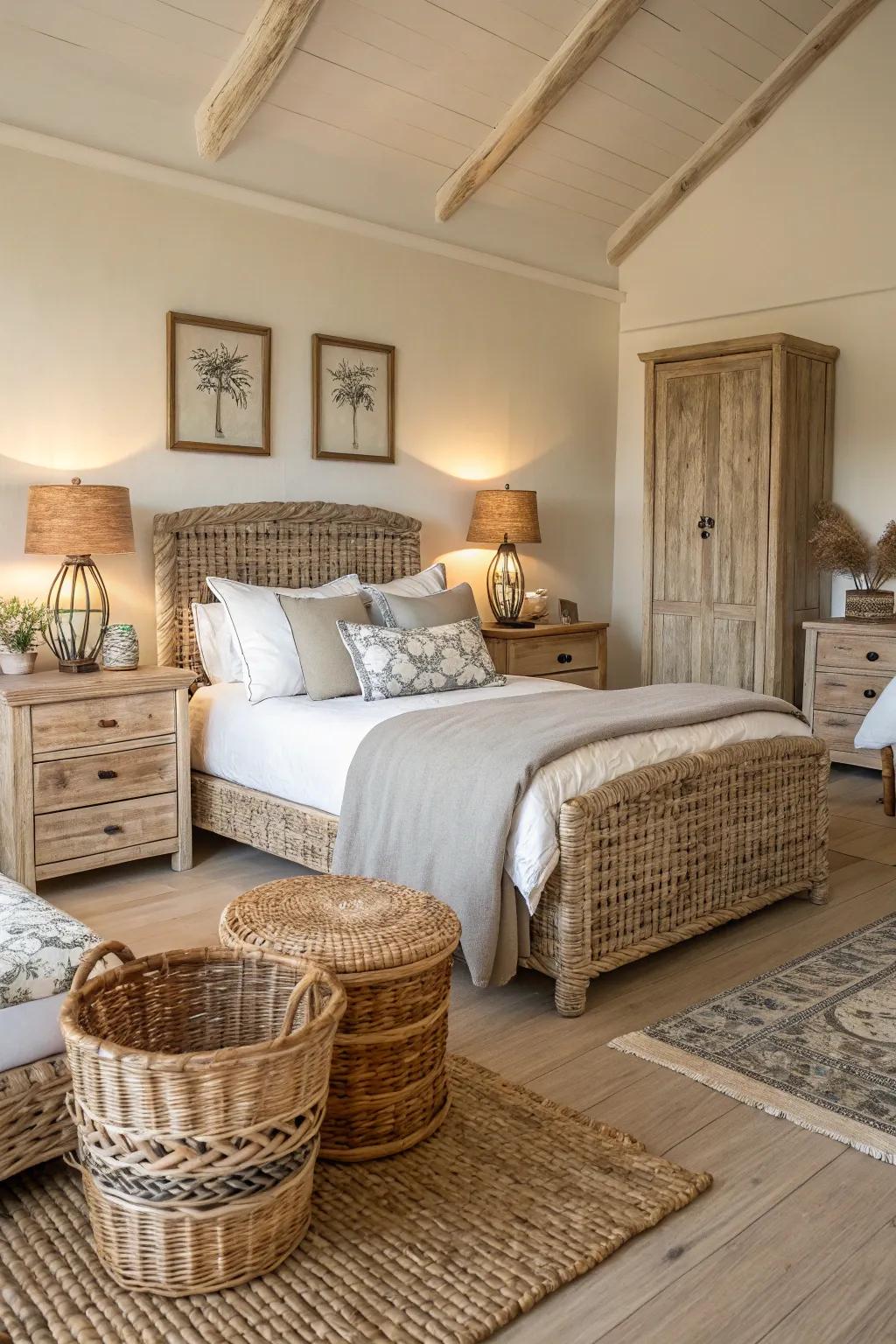 Organic materials like petrified wood and wickerwork foster a warm coastal ambiance.