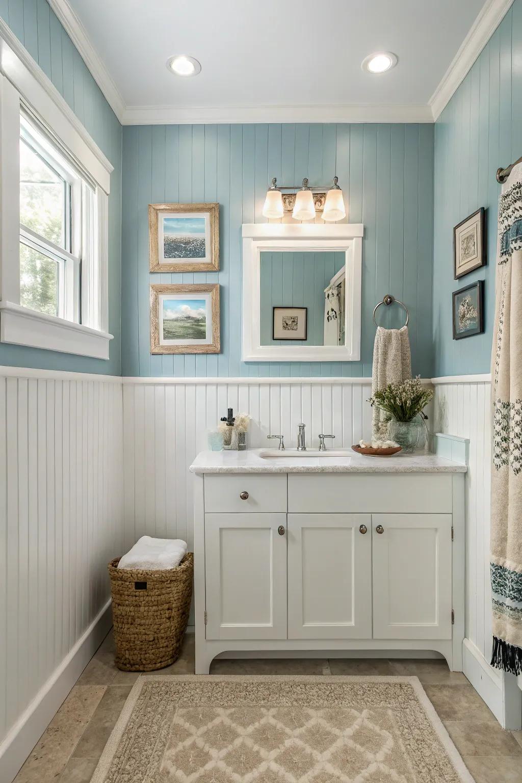 Introduce a pop of color with sky-blue paneling for a relaxing atmosphere.