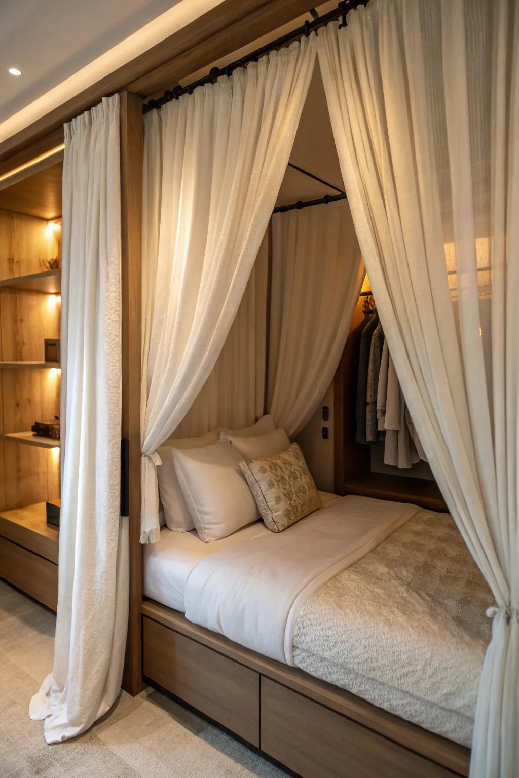 Window coverings add a layer of privacy to your closet sleeping space.