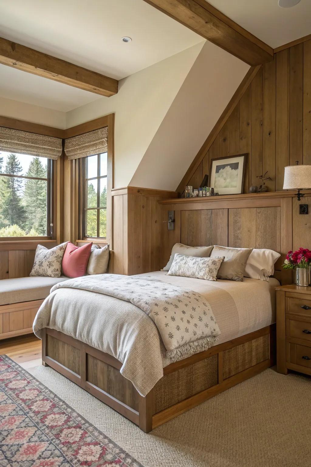 An artistic headboard gives sophistication to a corner bed.