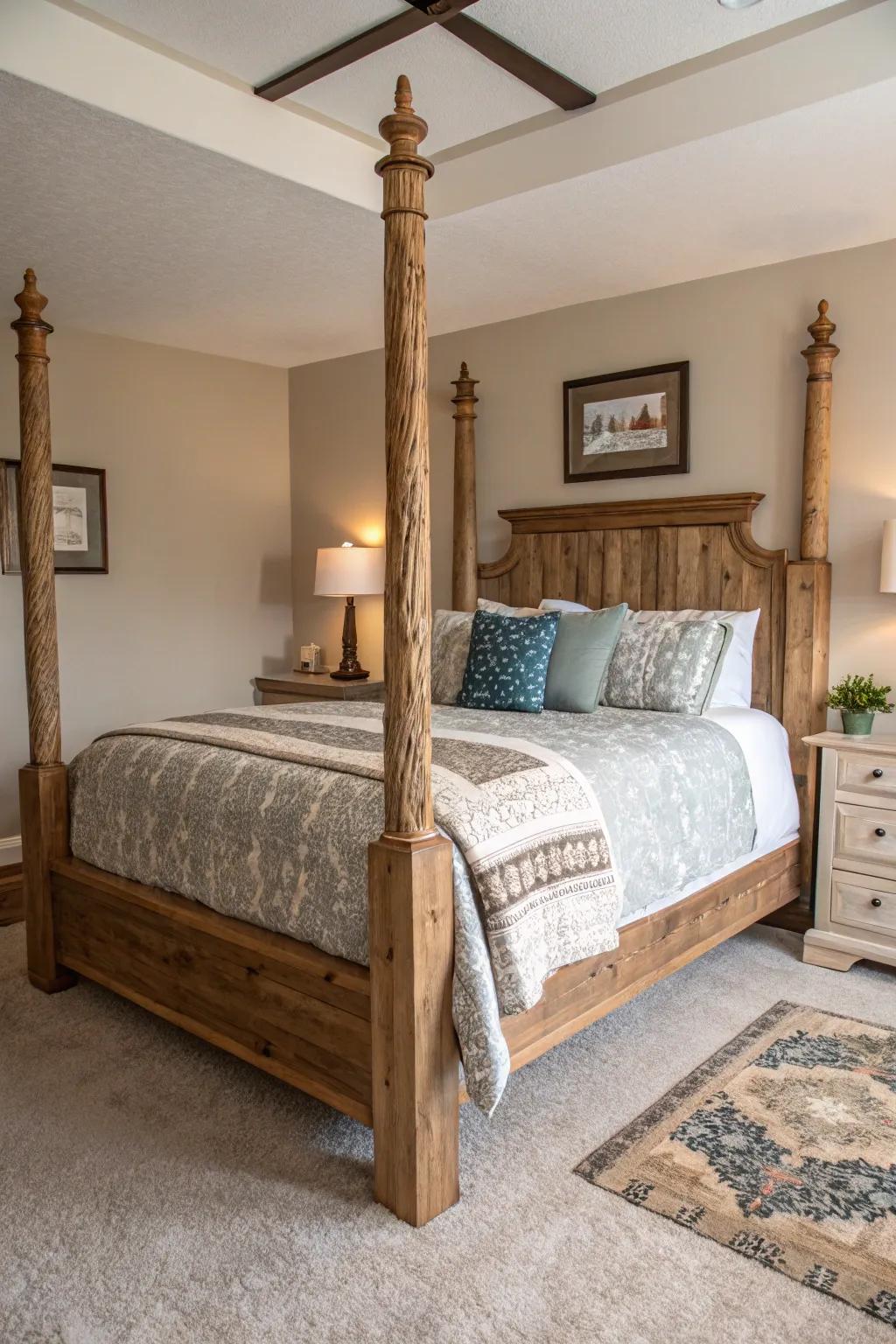 Country-style bedposts add a cozy countryside vibe.