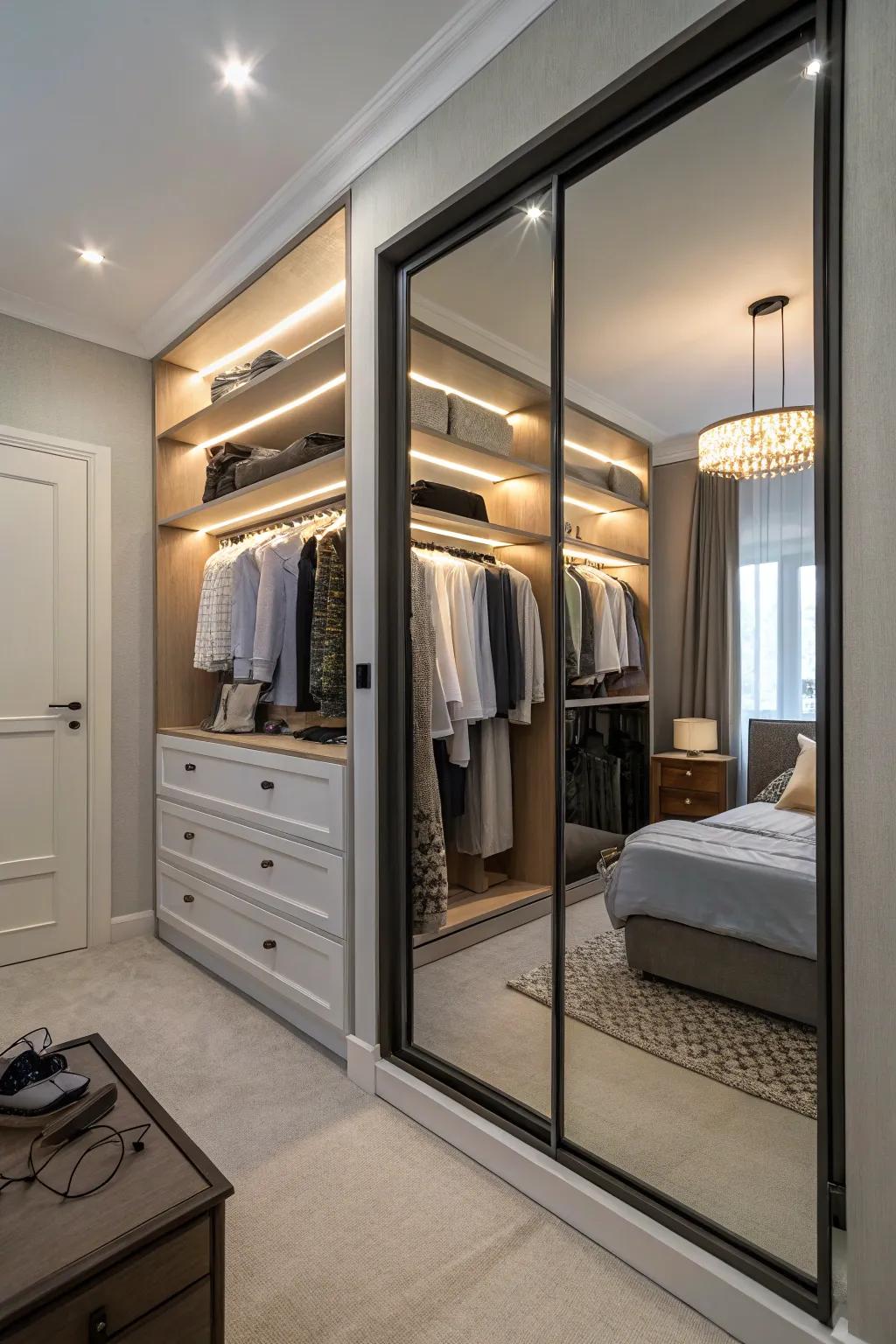 Mirrors visually expand the space and serve functional needs.
