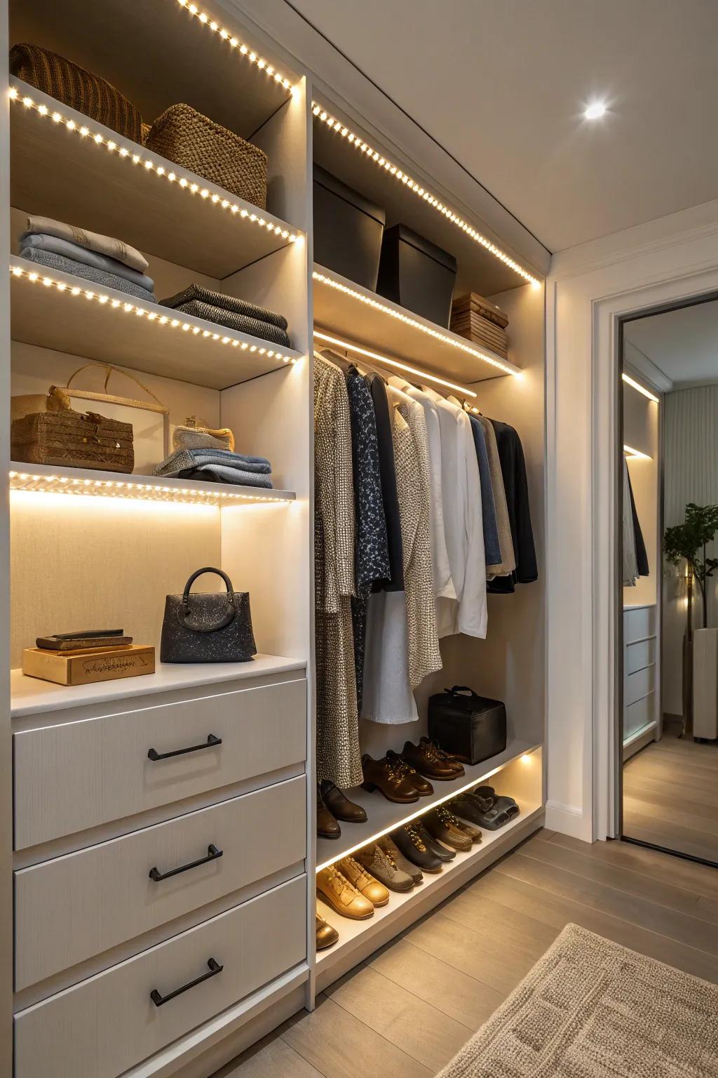 LED lighting improves visibility and enhances the ambiance of your closet.