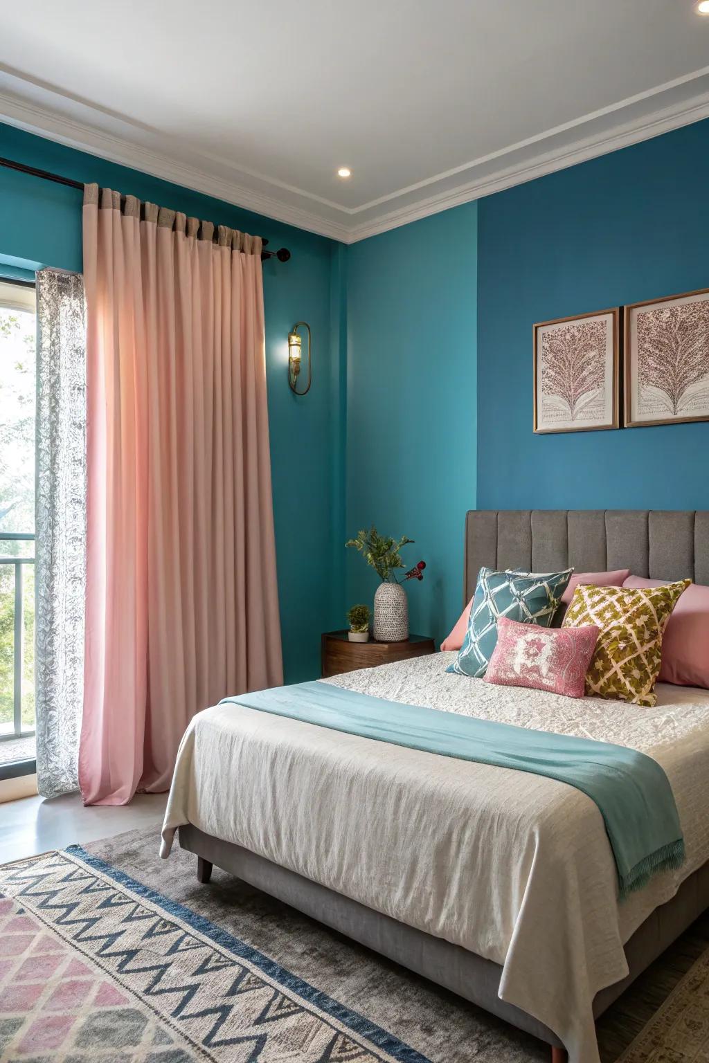 An eye-catching feature wall adds personality to this tranquil bedroom.