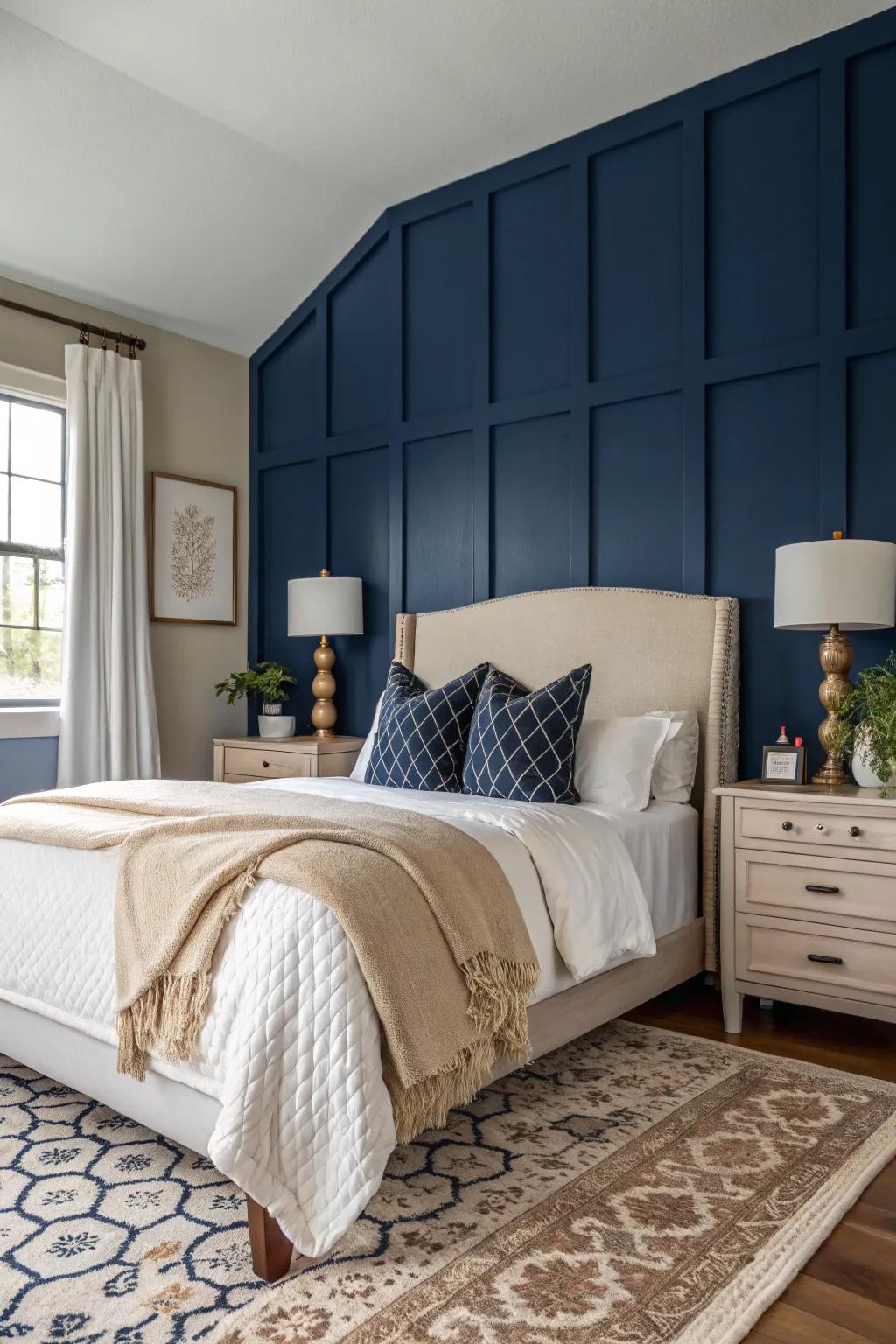 A navy feature wall introduces drama and dimension to your bedroom.