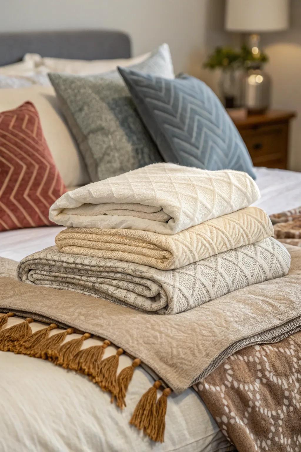 A cozy and inviting bed is created through layered textiles.