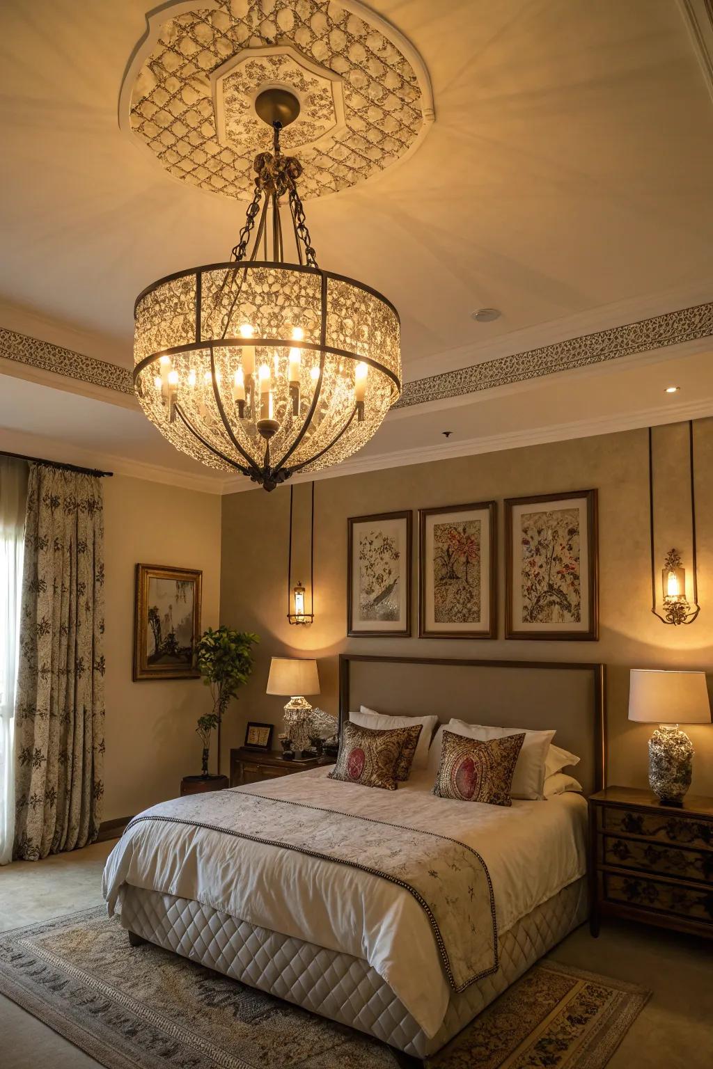 Statement lighting introduces both practicality and artistic flair to a bedroom.