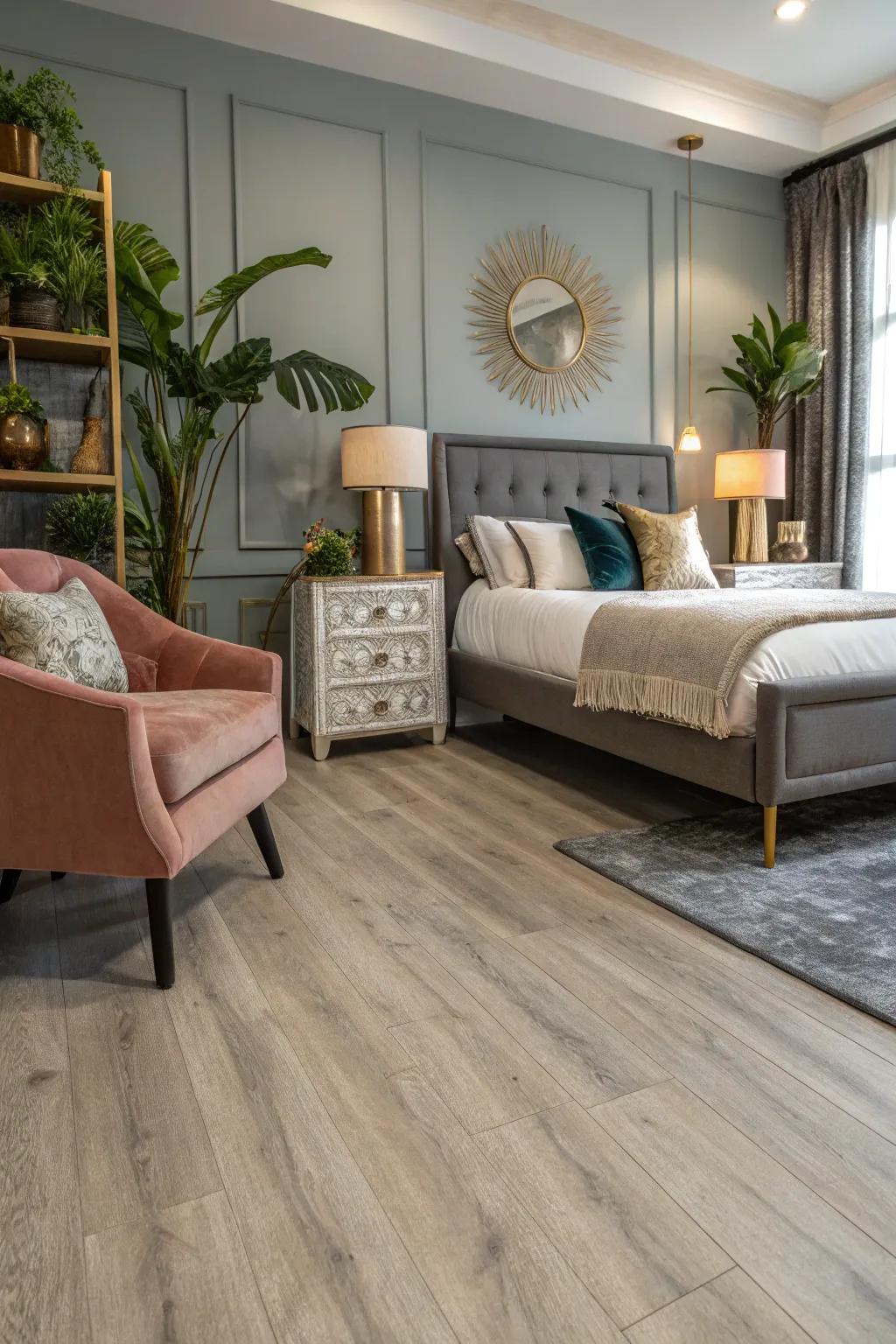 Premium vinyl blends elegance and durability for a chic bedroom aesthetic.