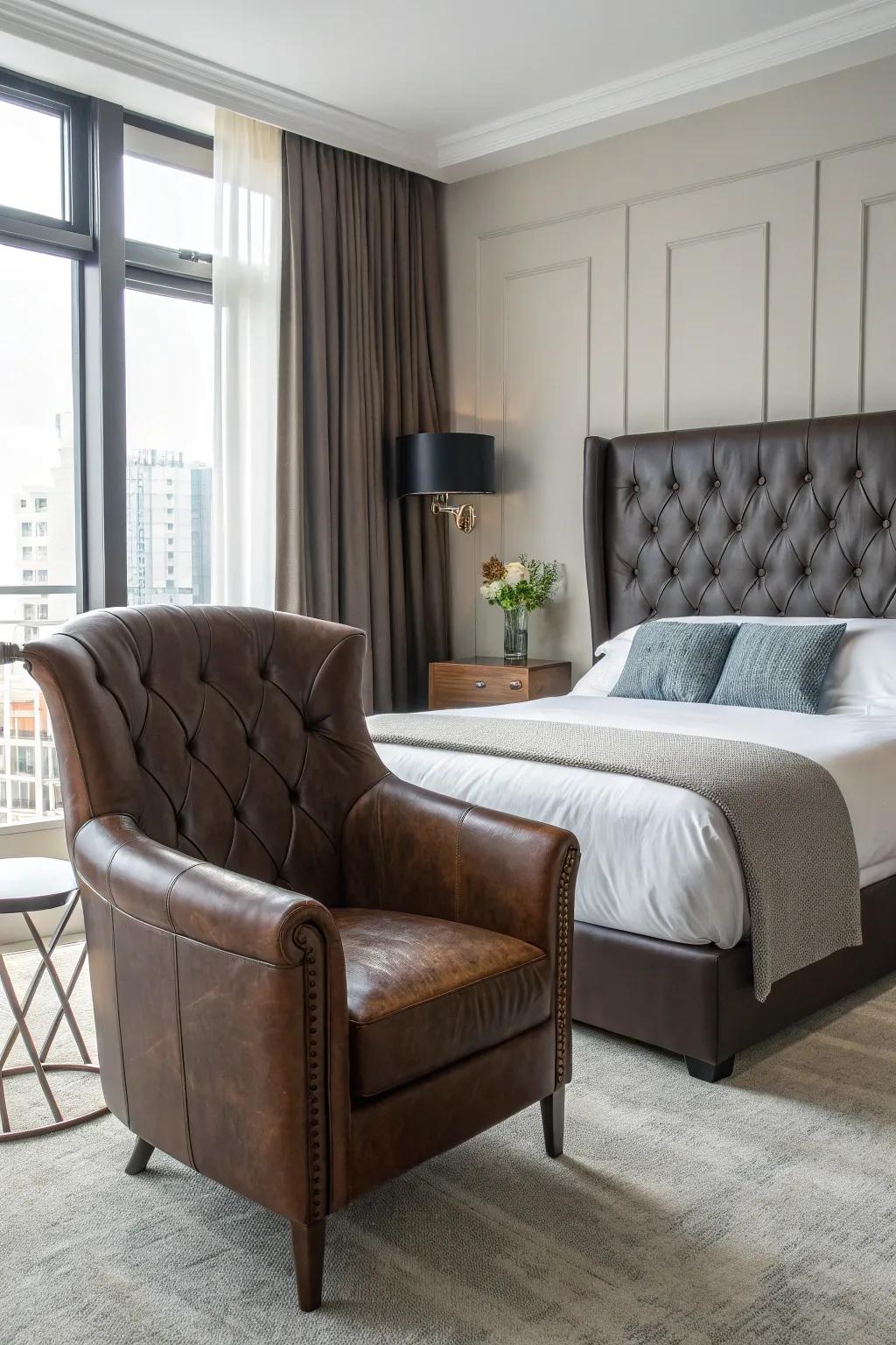 Leather accents bring a touch of luxury to this masculine bedroom.
