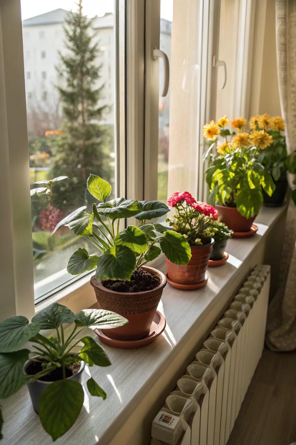 A sunlit ledge becomes a lively floral display.