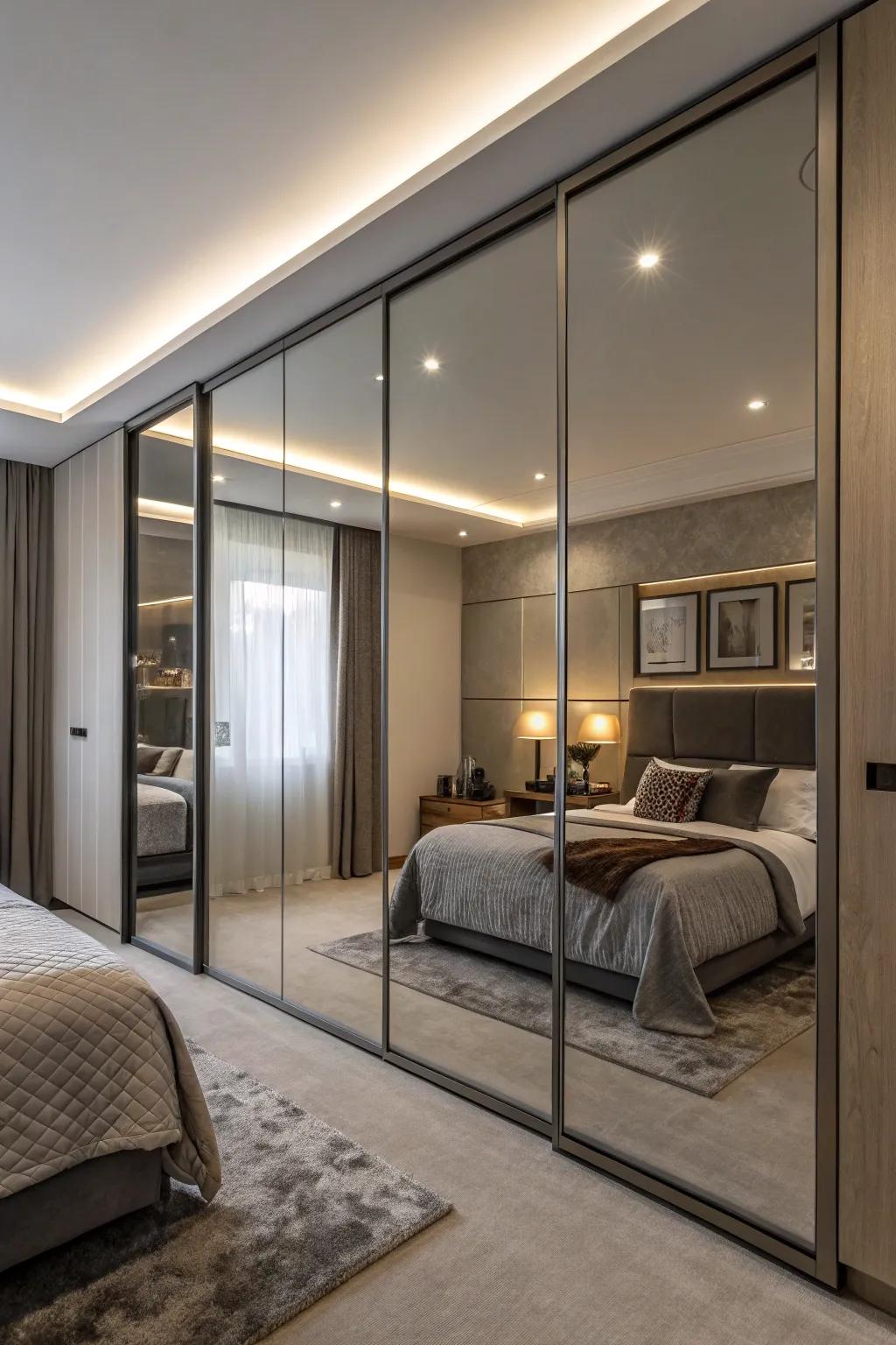 Mirrored closet doors enhancing functionality and spaciousness in a bedroom.