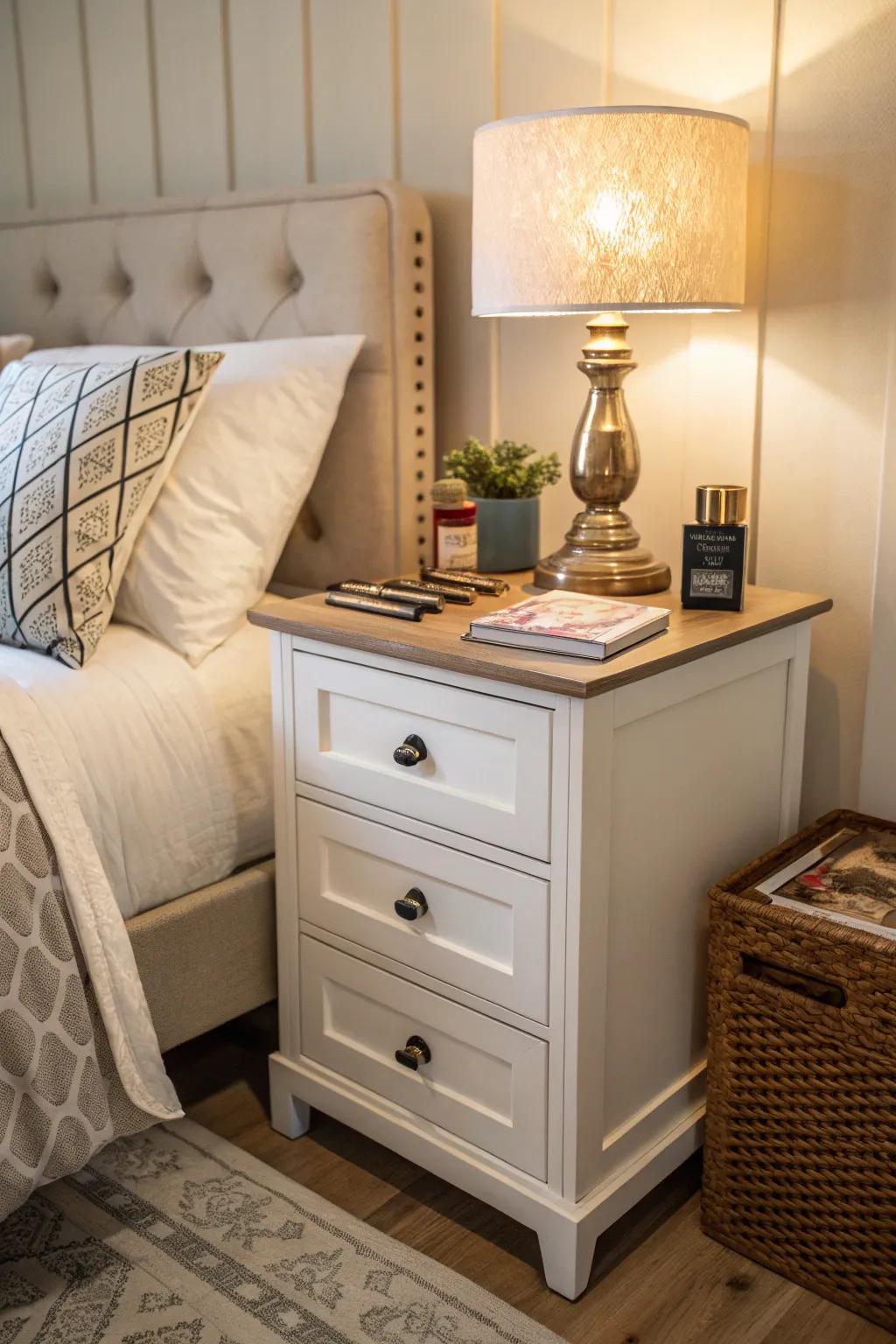 Organize your nighttime essentials using a functional bedside stand.