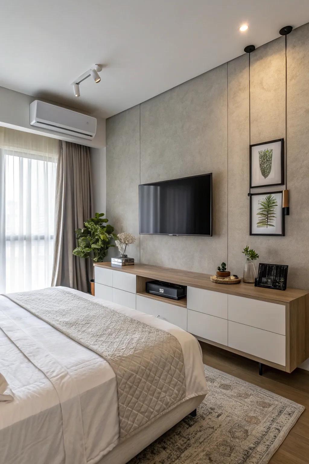 A wall-mounted TV creates a contemporary and spacious sensation in the bedroom.