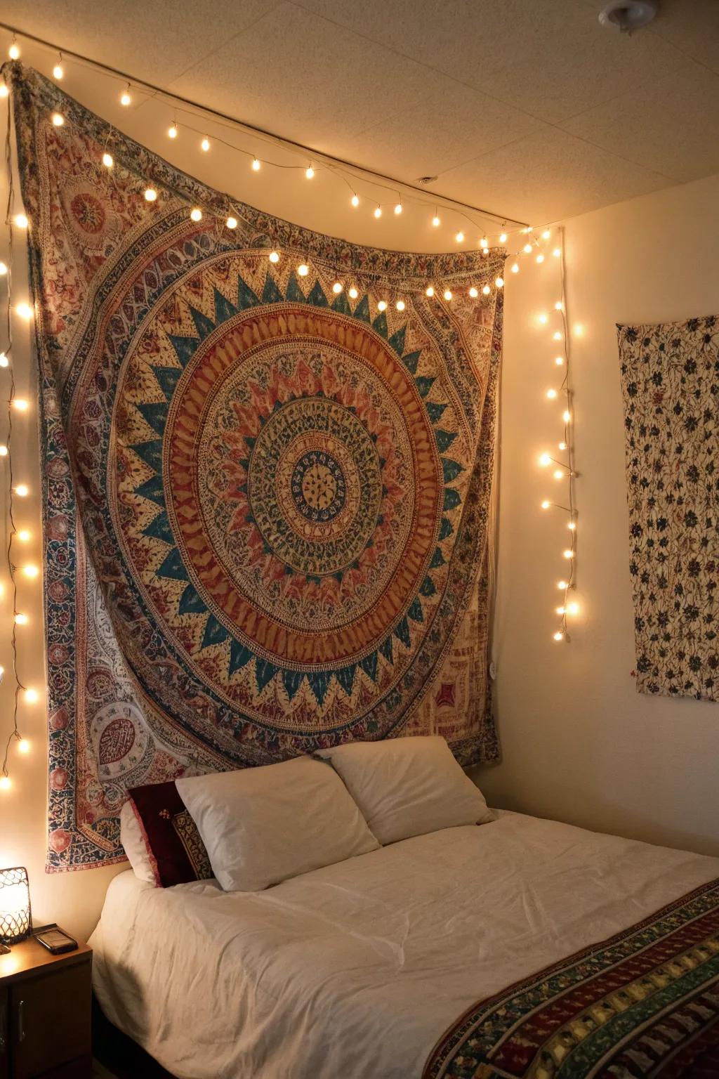 Craft a cozy glow with wall hanging and dot lights.