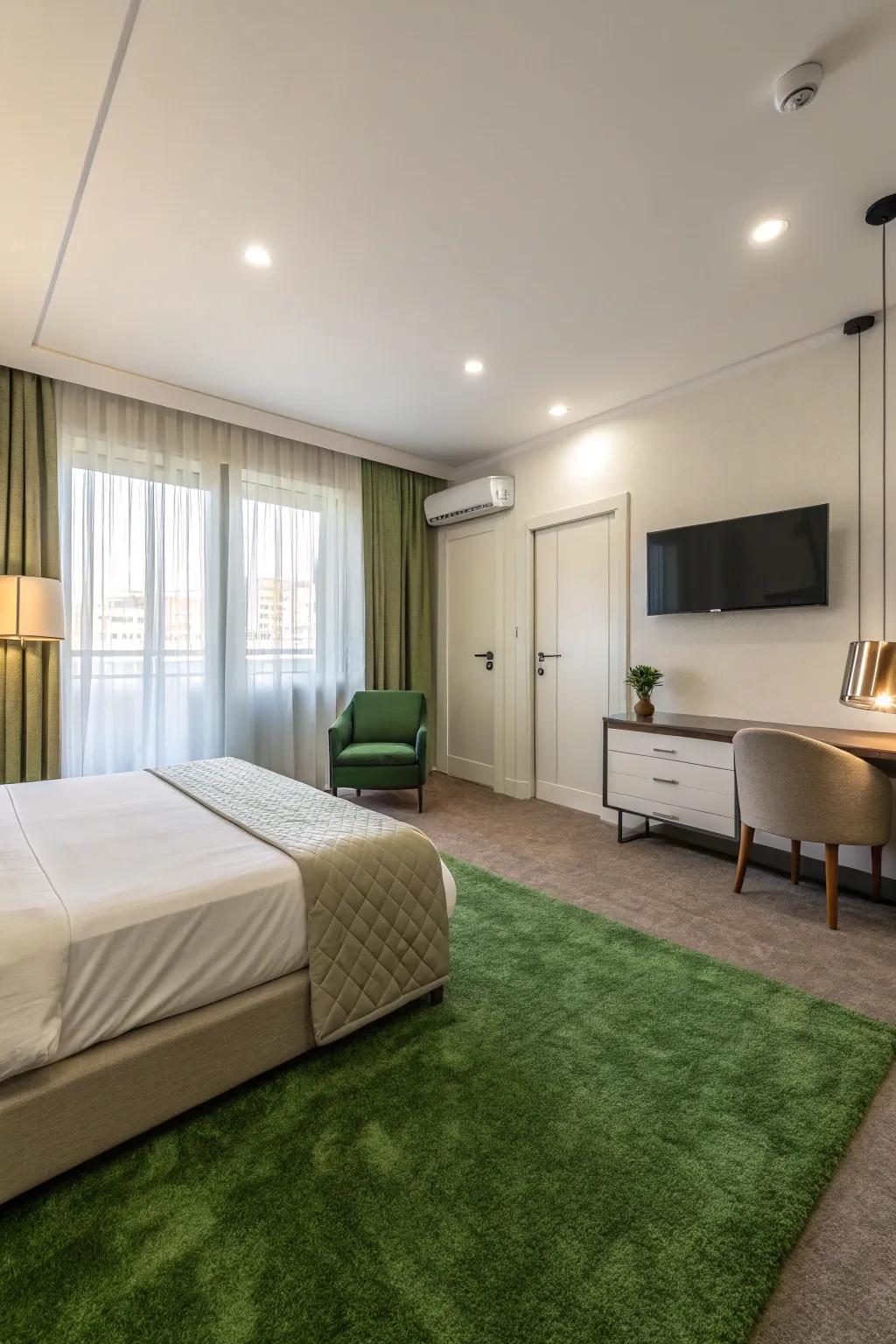 Uncluttered design amplifies the visibility of the verdant floor covering, crafting an elegant and expansive area.