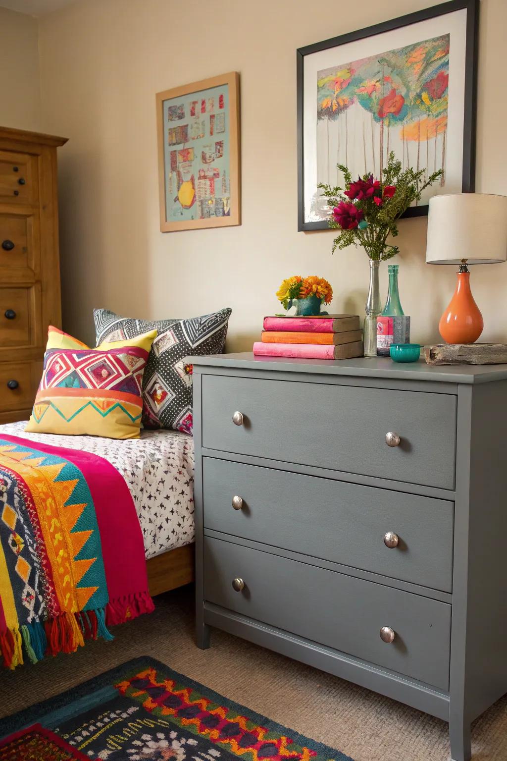 A striking declaration featuring a grey dresser alongside vibrant highlights.