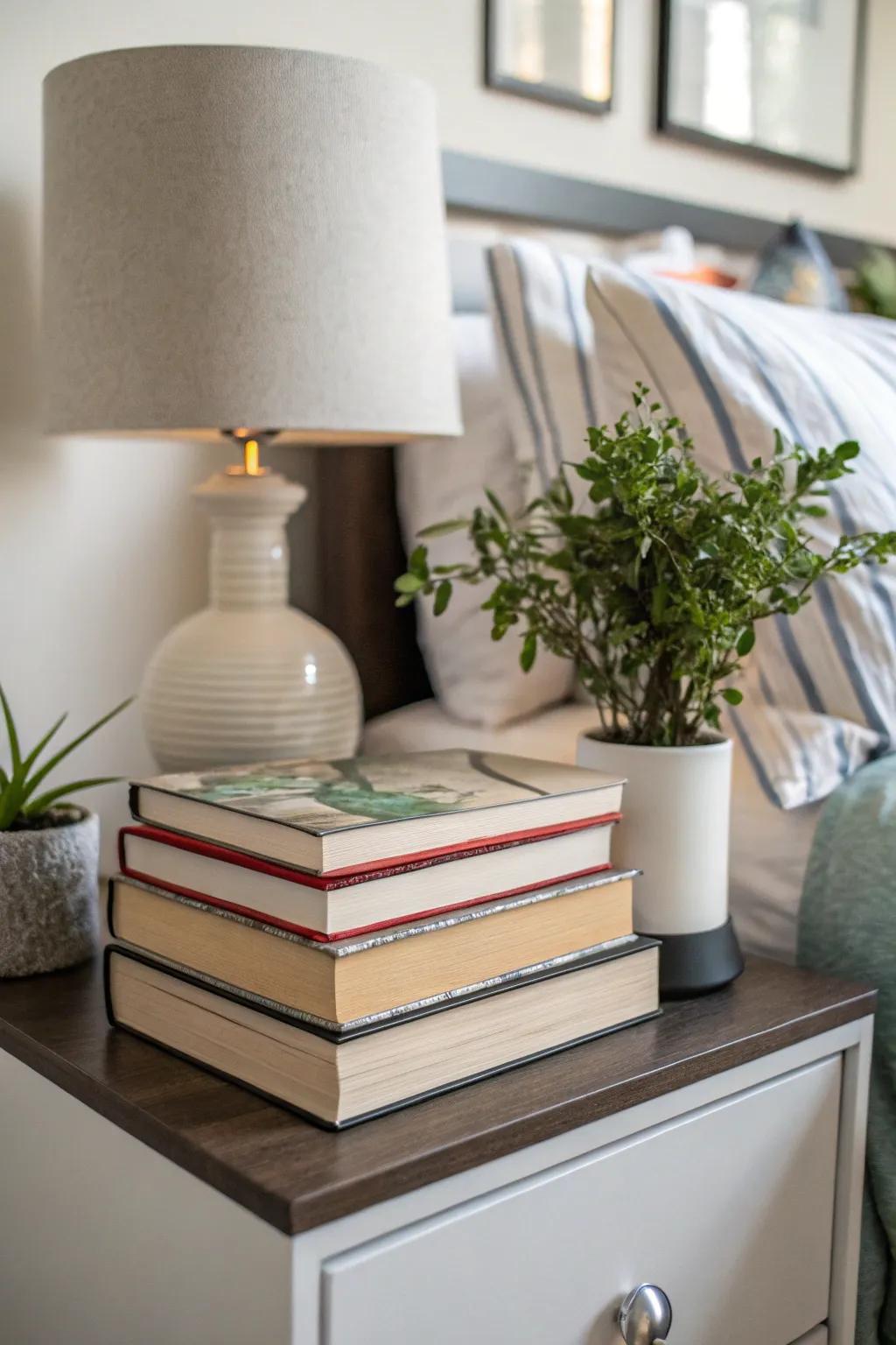 Books give your bedside a cozy, personal touch.
