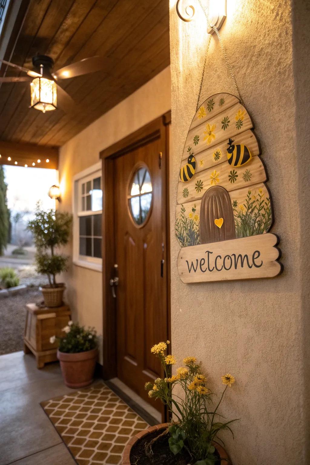 Greet your visitors utilizing a charming beehive welcome marker.