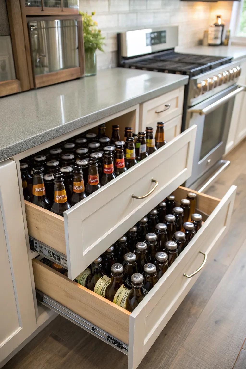 Below-counter drawers in the cooking area safeguarding brew bottles effectively.