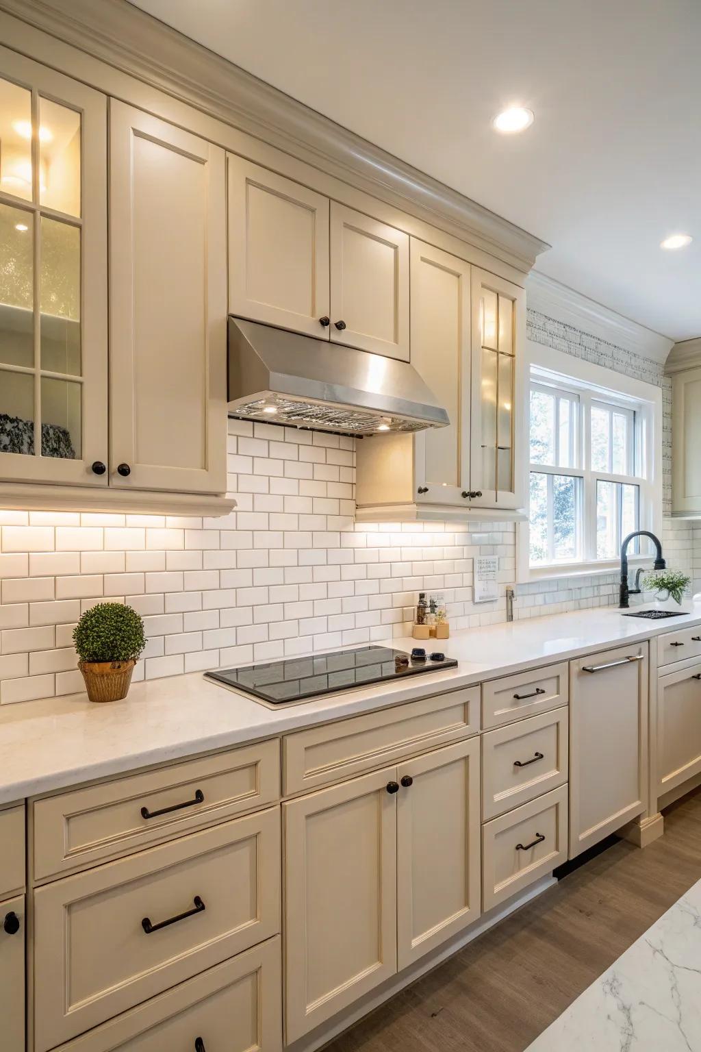 A classic white subway tile backsplash enhances brightness in beige tones.