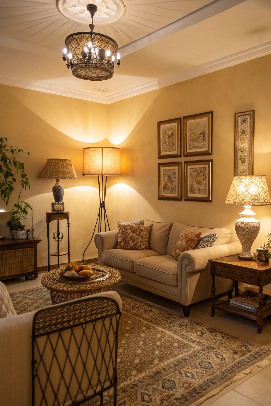 Gentle lighting enhances the comforting essence of this beige space.