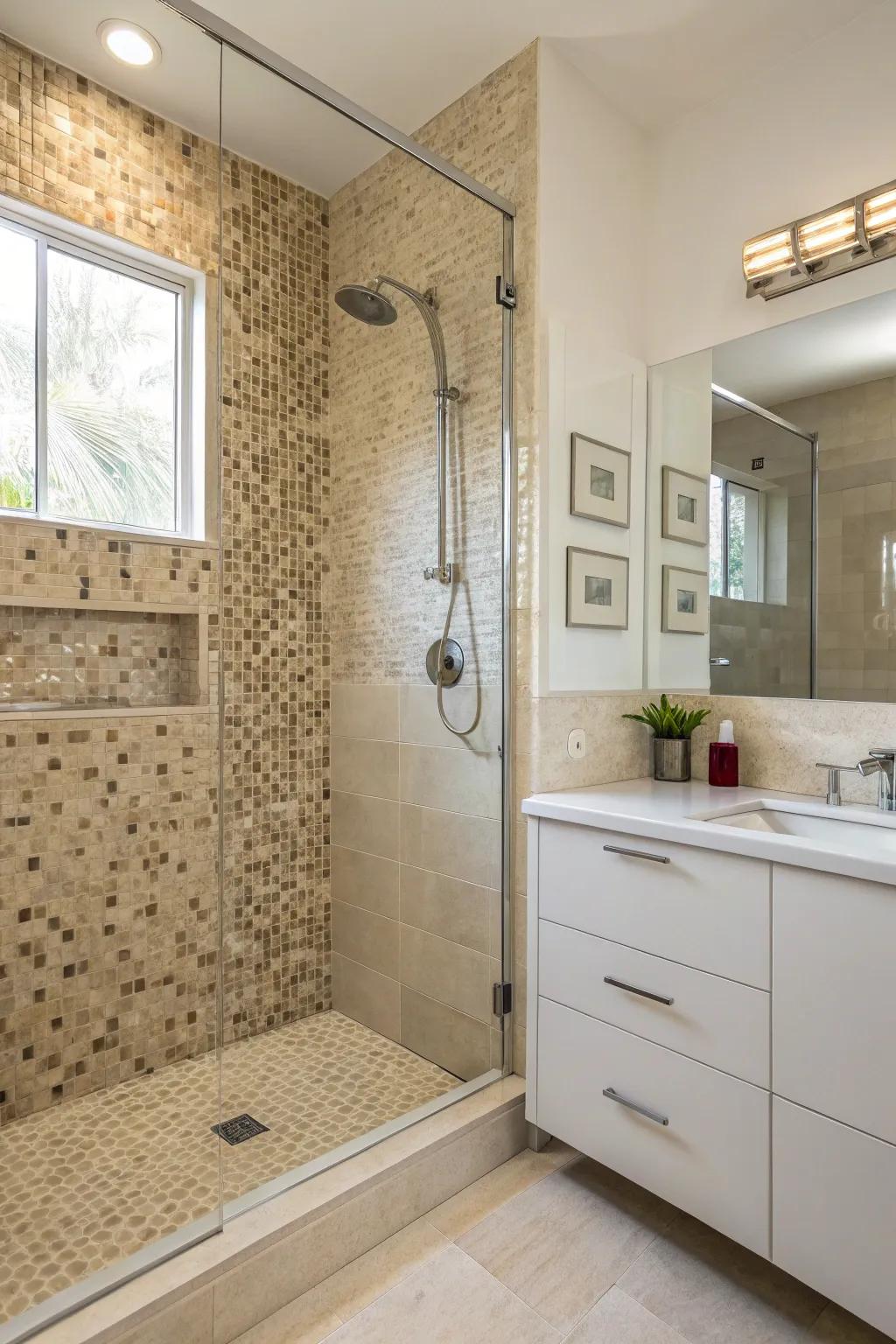 A mosaic feature wall transforms your shower into an artistic display.