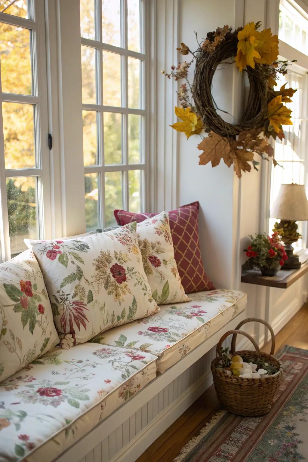 Floral cushions bring a springtime freshness to any bench.