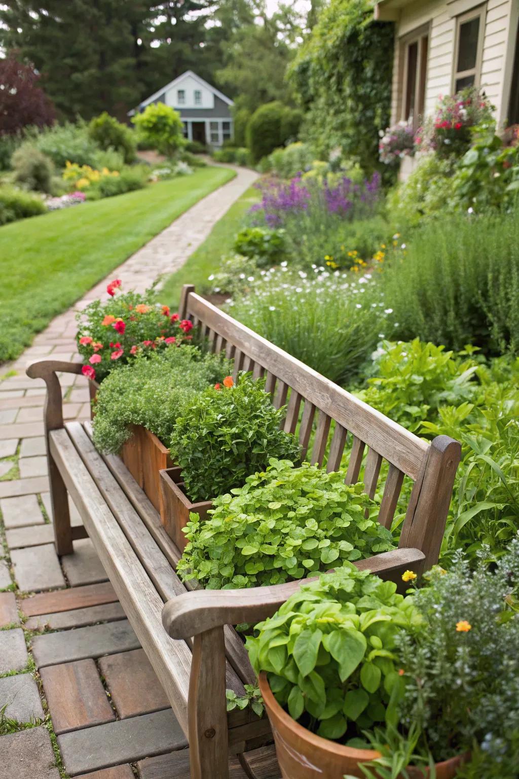 A bench with a planter combines relaxation and gardening in one.