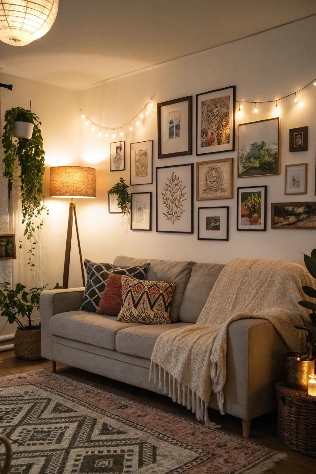 Soft ambient lighting setting a warm tone in an art-filled living room