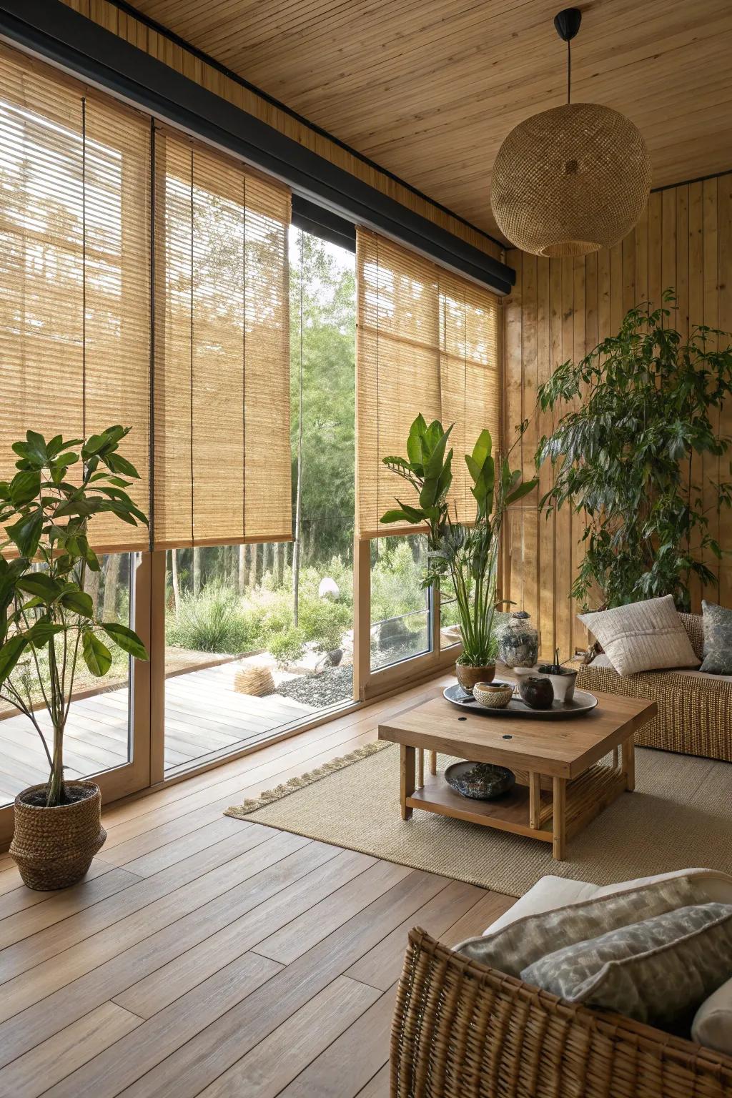 Woven bamboo coverings that introduce a natural allure to any area.